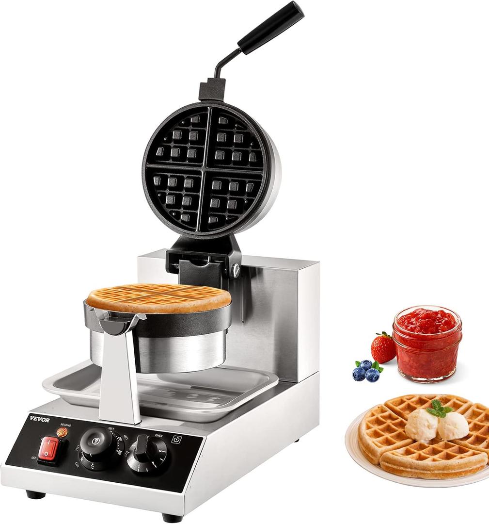 VEVOR Commercial Waffle Maker, 1300W Round Waffle Iron, Non-Stick Rotatable Waffle Baker Machine With 122-572 Temp Range and Time Control, Teflon-Coated Baking Pan Stainless Steel Body 120V