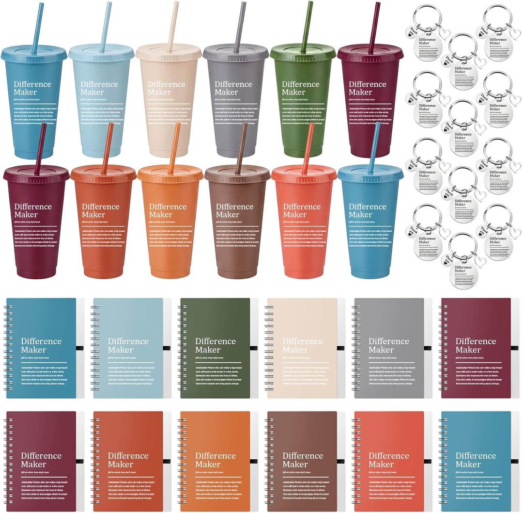 Teenyyou 72 Pcs 72 Pcs Difference Maker Employee Appreciation Gifts 24 oz Tumblers with Spiral Notebooks and Keychains Thank You Gifts Bulk for Teacher Nurse Coworker Leader (Cool Neutral)