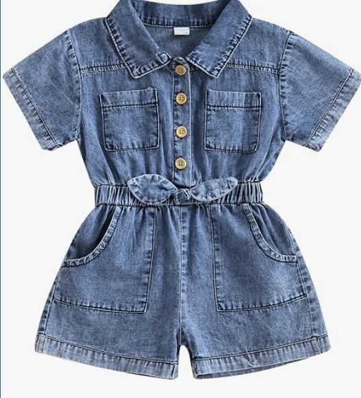 Little Girls Denim Jumpsuit Short Sleeves Turn Down Collar Button Down One-Piece Overalls Elastic Waist Jean Romper 12-18M