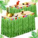 Hawaiian Luau Grass Table Skirt 9 Feet x 30 Inches Raffia Table Skirt Tiki Bar Table Decoration with Hibiscus Flowers for Tropical Hawaiian Luau Party Costume Party Decorations(Green,2 Pack)