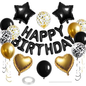 27 Pcs Black Gold Birthday Decorations, 3D Letters Black Happy Birthday Balloon Banner, Pentagram Heart Foil Balloons Confetti Balloons Kit For Boys Girls Party Supplies