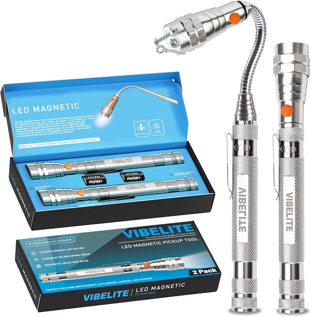 VIBELITE Extendable Magnetic Flashlight with Telescoping Magnet Pickup Tool-Cool Gadget Valentines Day Gifts for Him, Men, Teen Boys, Dad, Father, Mechanic, Boyfriend, Women, Silver, 2 Pack