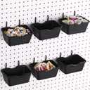 Willinglong 6 Sets Large Pegboard Bins with Hooks Loop Peboard Accessories Peg Board Hook Assortment Wall Organizer Square Box Shape Peg Board Container for Office Wall Craft Supplies Garage(Black)