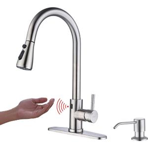 Touchless Kitchen Faucet with Pull Down Sprayer, Motion Sensor Kitchen Faucet with Kitchen Soap Dispenser, Single Kitchen Faucet High Arc Pull Out Faucet for Kitchen Sink RVBrush Nickel