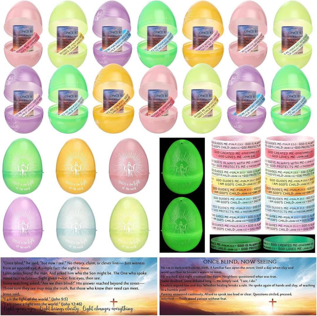 Wettarn 180 Pcs/ 60 Sets Jesus Easter Egg Fillers with Luminous Bracelets Christian Cards Jesus Is The Light of The World Gifts for Easter Basket Stuffers Bulk Church Resurrection Favors(Colorful)