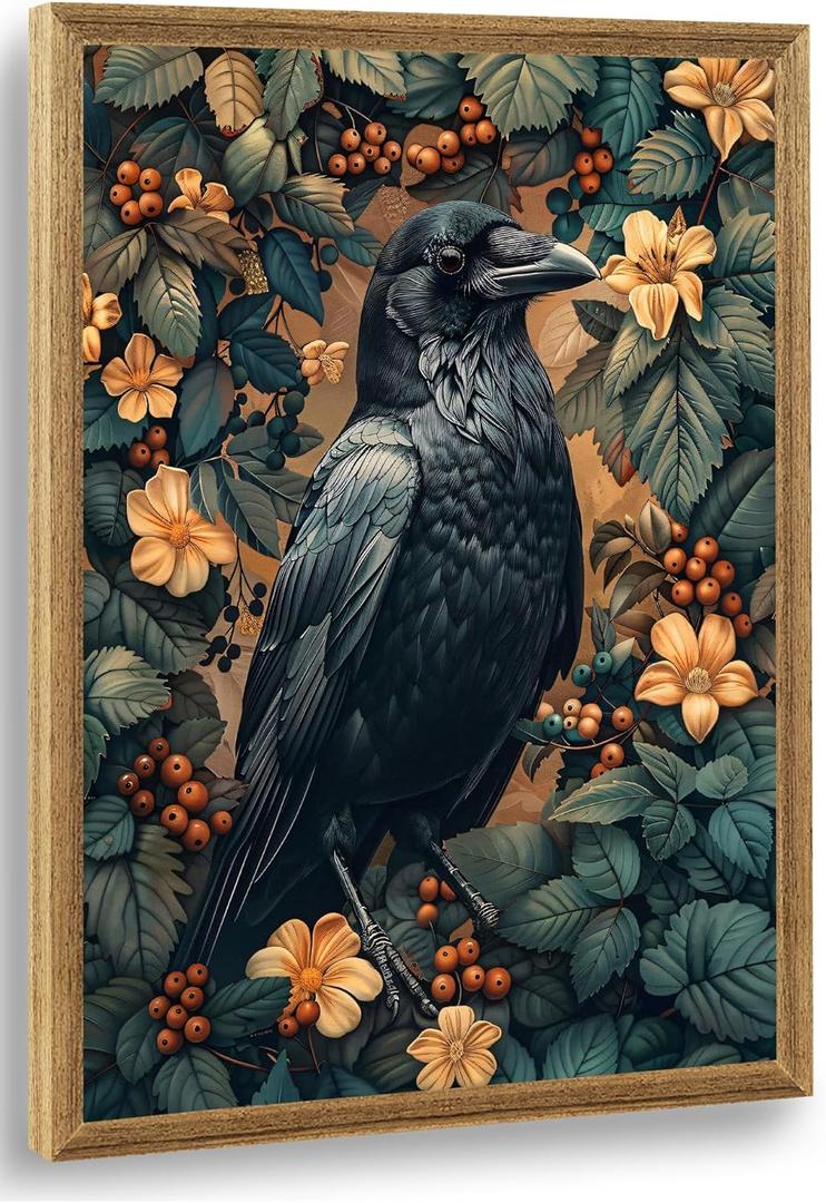 ICHZUMW Gothic Raven Decor Canvas Wall Art, Victorian Crow Pictures, Vintage Dark Academia Moody Floral Poster, Framed Cottagecore Wall Decor for Bedroom Living Room, 12x16in (16L" x 12W")