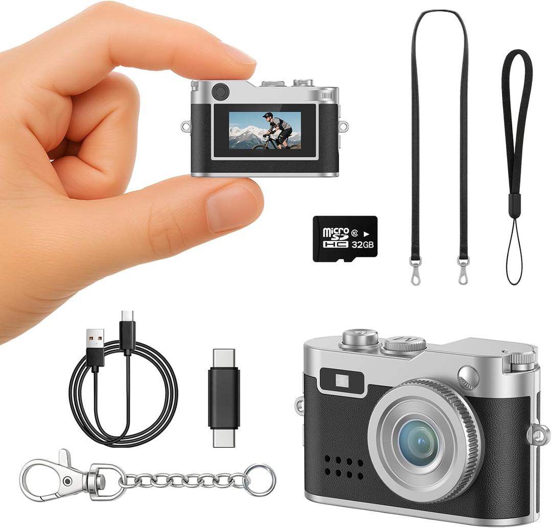 Mini Digital Camera, 1080P HD Tiny Retro Keychain Camera with 32GB Card, 0.96" Screen & OTG Adapter, Vintage Compact Micro Pocket Camera for Travel, Concert, Study Recording, Ideal Gift, Black