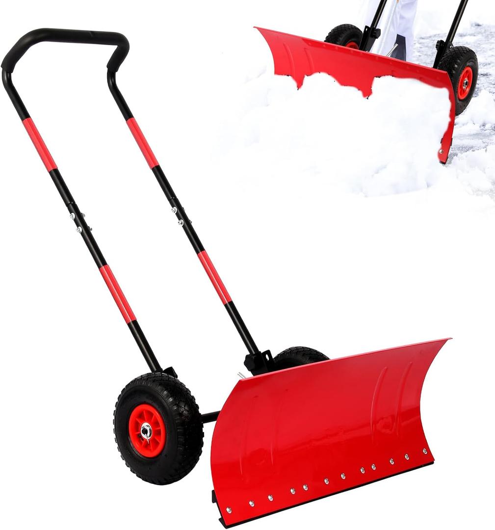 Snow Shovel with Wheels,29" Snow Removal Tool with Metal Angled Blade,Snow plow Shovel with Adjustable Handle for Doorway Sidewalk Driveway Snow Clean,Snow Pusher with Ergonomic Double Rod Handle