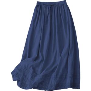 SANGTREE Women's Lace Cotton Linen Midi Skirt High Waisted A Line Flowy Swing Boho Long Skirts (Blue, XL)