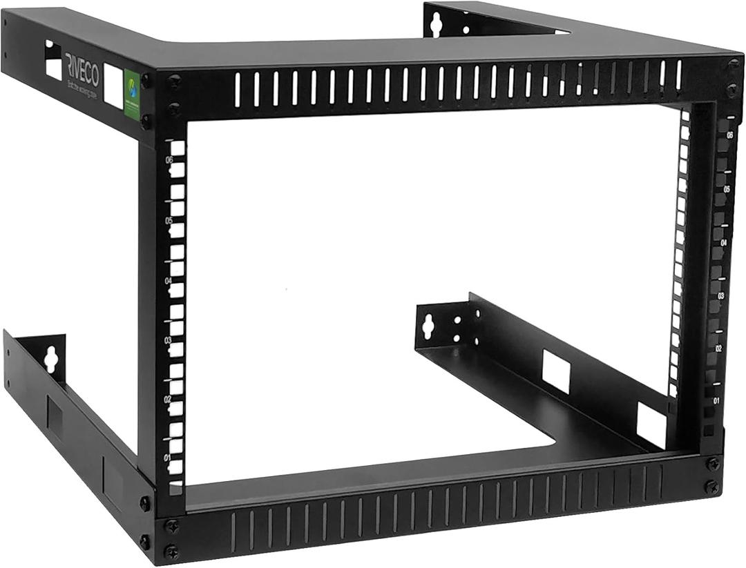 RIVECO 6U 19" Wall Mount Network Rack  17.7" Deep 2 Post Shelf Open Frame Cabinet Easy Assembly Firm Constructed for Internet/Server/AV/Home Equipment/Patch Panel Heavy Duty Light Weight, Black