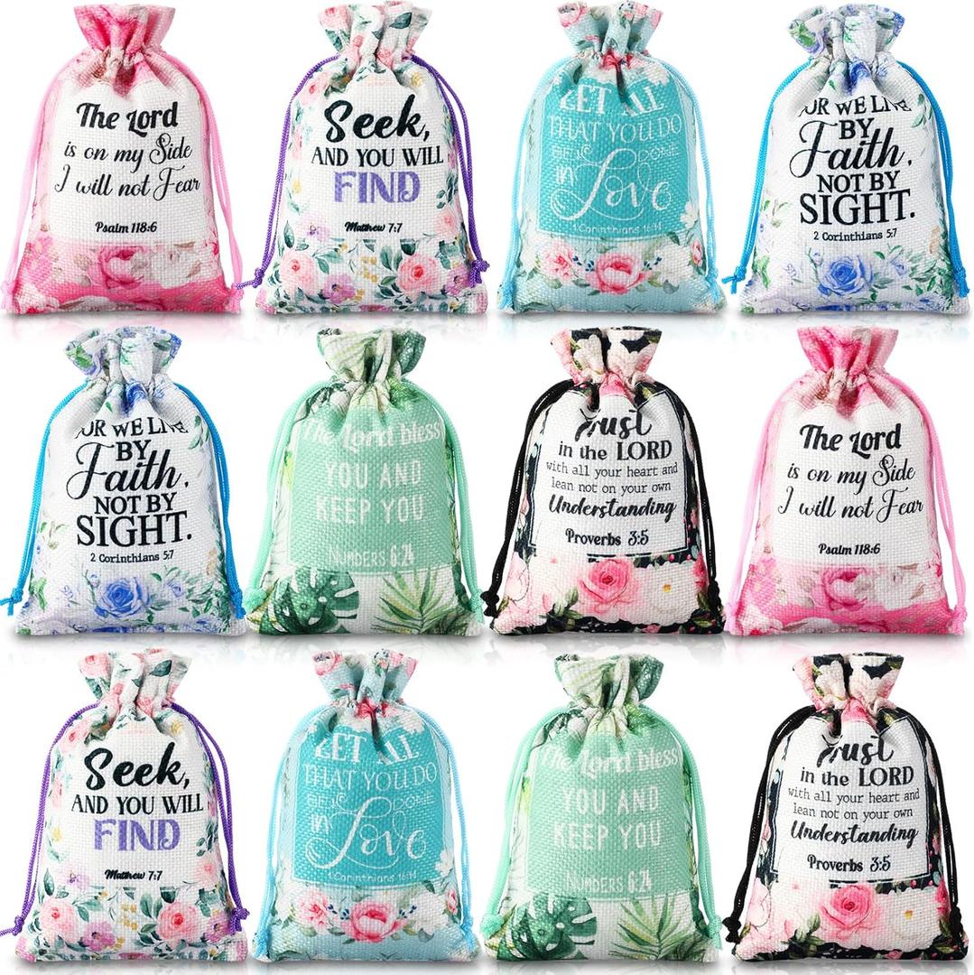 Locmeo 60 Pcs Bible Verse Religious Gift Bags with Drawstring 4 x 6 Inch Floral Christian Candy Gift Wrapping Bags for Women Mother's Day Party Favor Jewelry
