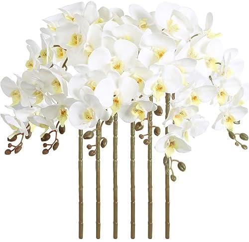 ICBOX 38" White Orchids Artificial Flowers Velvet Silk Orchids, 6 PCS Faux Orchids Long Stem Artificial Flowers for Tall Vase & Home Wedding Decoration(White)