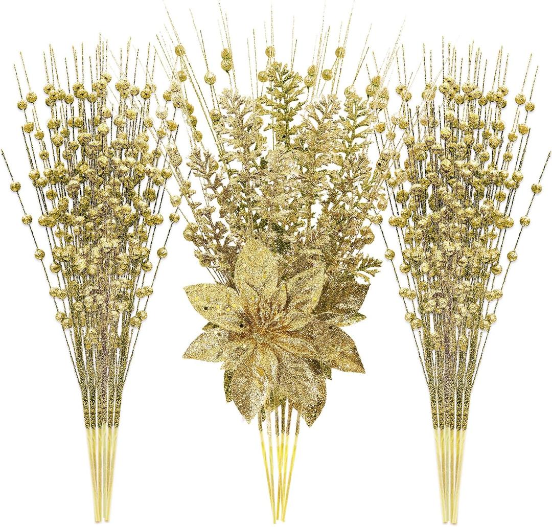 24 Pack Artificial Glitter Berry Stem Ornaments - 17.5 Inch Fake Christmas Picks Decorations with Poinsettia Flowers, Bead Sticks for DIY Christmas Tree, Wreath, Wedding & Small Vase Decor (Gold)