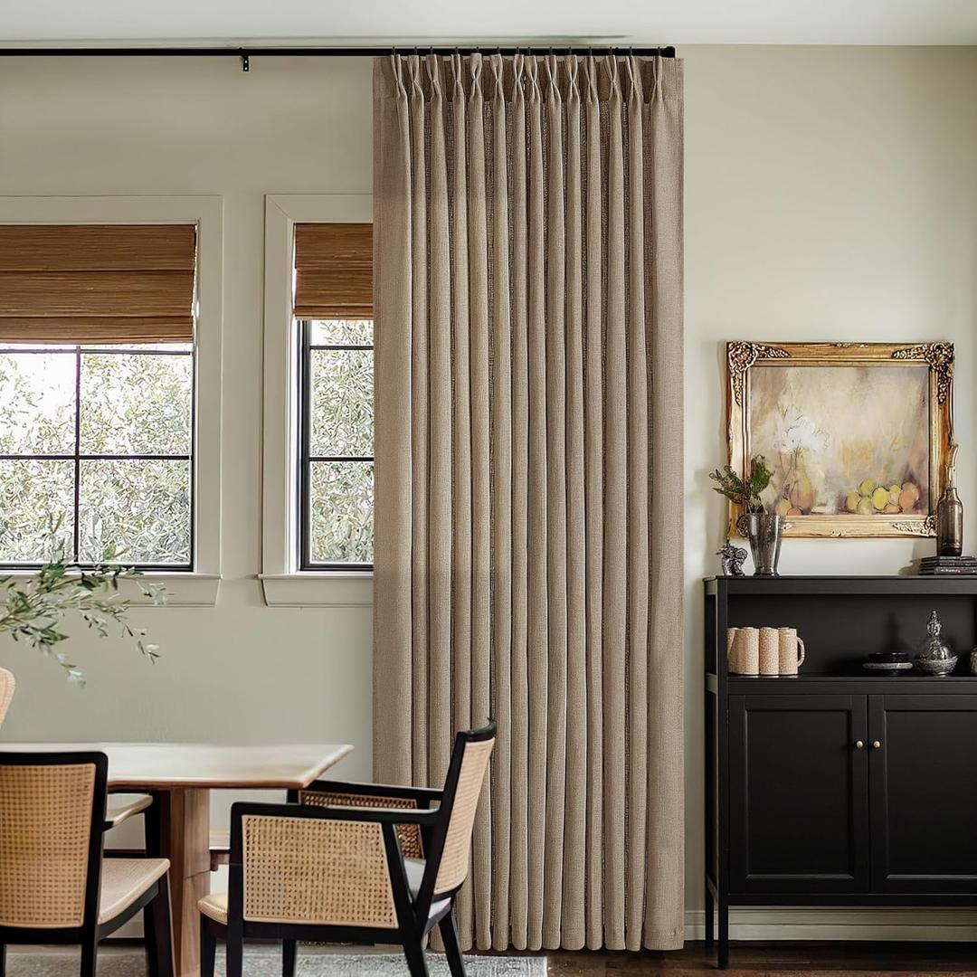 TWODRAPES Tan Brown Linen Pinch Pleated Curtains 2 Panels Living Room Bedroom Light Filtering Drapes 108 Inch Length Light Brown Latte Semi Sheer Memory Shape Trained Ceiling Floor Curtain