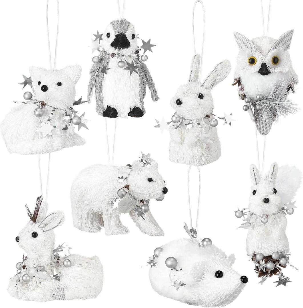 8 Pack Sisal Woodland Friends Animals White Mini Winter Christmas Tree Hanging Ornaments Set Natural Sisal Straw Figurines Rustic Forest Hanging Accessory Decor for Winter Fairyland Decor