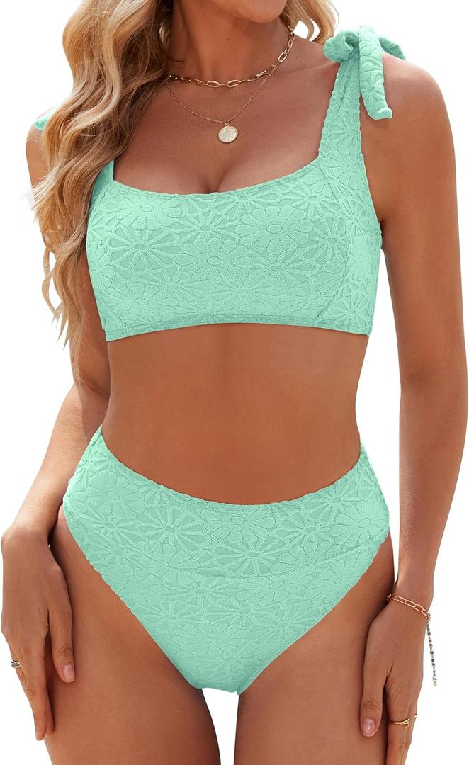 Blooming Jelly Womens High Waisted Bikini Set Tie Strap Jacquard Terry Cloth 2 Piece Swimsuit Modest Cute Retro Bathing Suit (Small, Pearl Aqua)