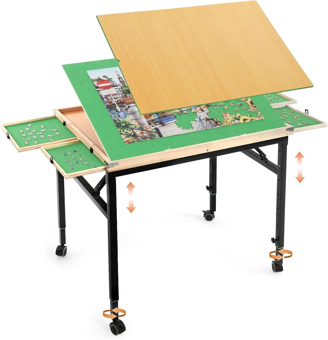 Puzzle Table Adjustable Height & Tilt with Drawers for 1500Pcs | Lockable Wheels,4 Sorting Drawers, Foldable, Wooden Covers,No assembly,Fits 1000-1500 Pieces,Gift for Puzzle Lovers