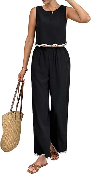 SOLY HUX Women's 2 Piece Outfits Sleeveless Crop Top and Wide Leg Pants Vacation Set Summer Clothes Pure Black Large