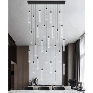 Rectangular Chandeliers 26-Lights Long Light for Entryway LED Dimmable Chandeliers Lighting Fixture Flat Sloped High Ceiling Pendant Lights Crystal for Living Room Foyer Hallway Staircase Black