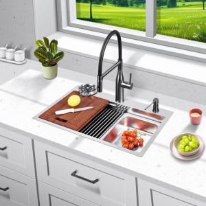 FRANIC 26" Handmade Silver Bar Workstation Sink, 26" x 18" x 8" Stainless Steel Matte Nano Silver Topmount Single Bowl Small Kitchen Outdoor Sink