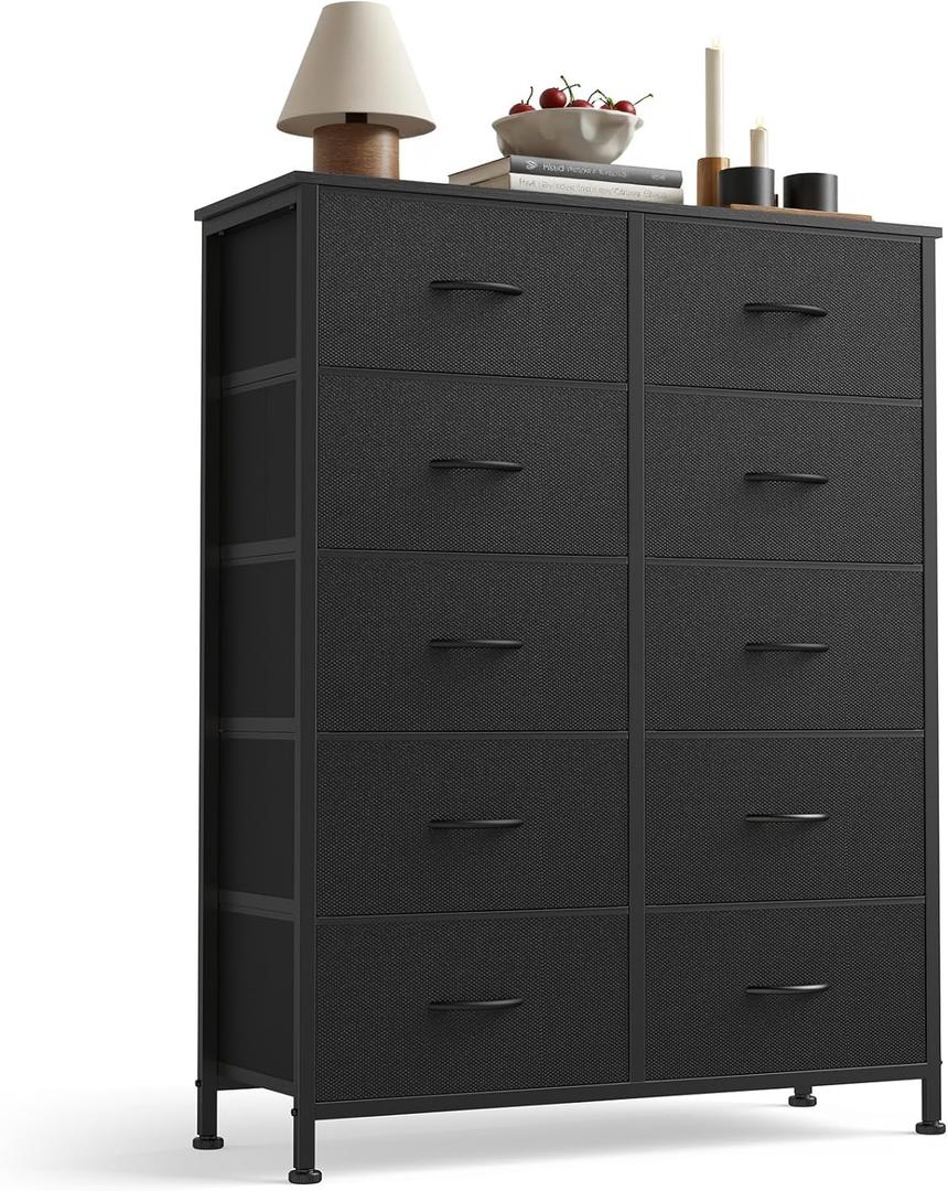 Sweetcrispy 10 Drawer Fabric Dresser Storage Tower with Bins, Tall Chest Organizer for Bedroom Closet Hallway, Steel Frame Wood Top Easy Pull Handles,Black