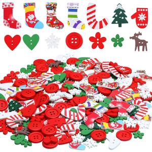 300 Pieces Christmas Wooden Buttons Cute Sewing Buttons Colorful Art Craft Buttons for Handmade Project, Mixed Sizes and Styles