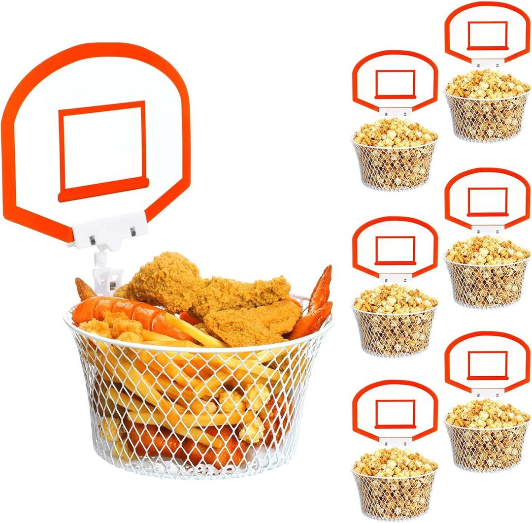 Chunful 6 Sets Metal Basketball Hoop Snack Basket with Oil Absorbing Sheets Reusable Basketball Serving Trays Party Favors Treat Food Buckets for Party Decoration Basket Player Gifts