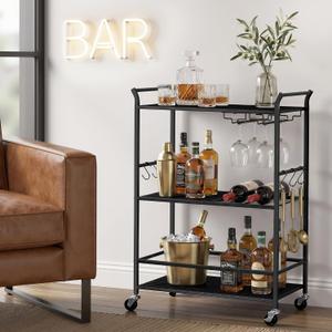 VASAGLE Bar Cart with Wheels, Drink Cart with Wine Rack and Glass Holder, 12.6"W
