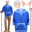Tellingyou 5 Pcs Halloween Ice Costume for Men Adults Blue Hoodie White Wig Ice Staff Elf Ears for Halloween Anime Costume (Medium)