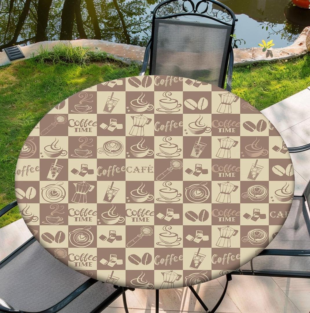 Round Tablecloth with Elastic Edge, 36-60Inch Waterproof Table Cloth for Dinner, Outdoor, Picnic, 52inch, Coffee