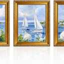 3 Piece Coastal Sailboat Wall Art, Vintage Gold Framed Decor, 16x24 inch