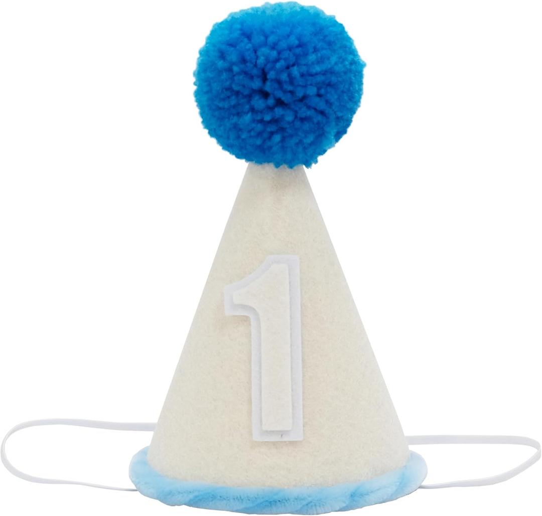 Birthday Party Hat with Number 6 month, Beige with Blue Pom Pom and Trim