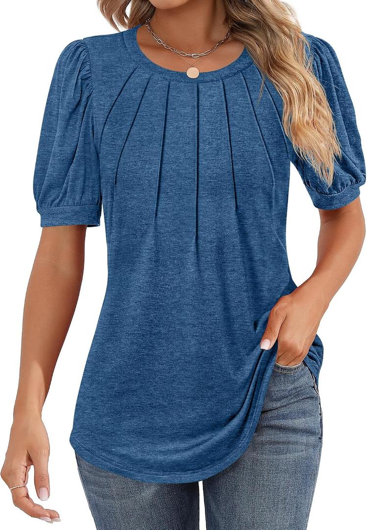 Riyiper Women's Short Sleeve Pleated Tops Crew Neck Puff Sleeve Spring Blouses Tunic Top Summer Dressy Casual T Shirt (S)