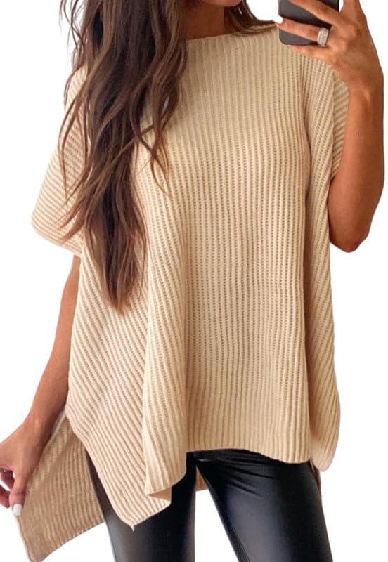 SHEWIN Oversized Sweaters for Women Crew Neck Womens Tops Lightweight Fall Tops for Women Knit Short Sleeve Shirts Pullover Business Casual Outfits for Women Apricot XX-Large