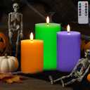 3 Pcs Flameless Candles Battery Operated Wax LED Flickering Flameless Pillar Candles with Remote for Halloween Christmas Home Wedding Autumn Decor(Orange,Purple,Green)