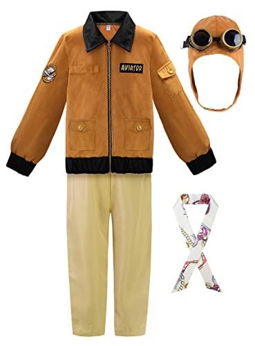 ReliBeauty Earhart Historical Costume Kids Aviator Costume for Girls with Hats, Glasses and Scarves,Yellow 140