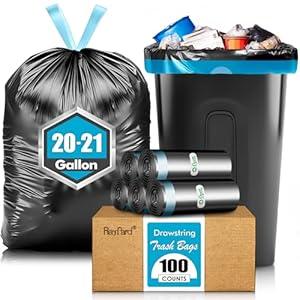 RayPard 20 Gallon Large Drawstring Trash Bags Fit 20-21 Gal, 100 Counts Heavy Duty Tall Kitchen Garbage Liners, Large Trash Bags Size Chart for Home, Office, Outdoor Lawn and Leaf Bags, Black