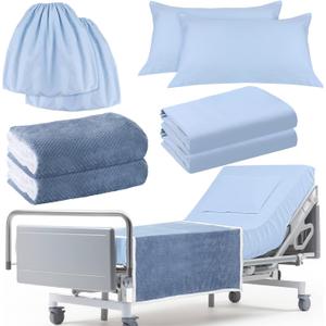 SmoothNovelty 8 Pcs Hospital Bed Sheets Set, Soft Knitted Standard Sheets Quality, Include Fitted Coverlet, Quilt Cover, Pillow Case and Blanket(Blue)