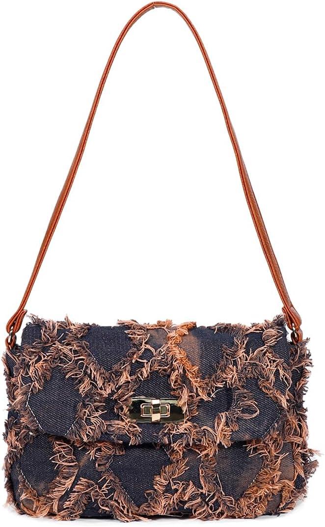 Women's Denim Shoulder Bags Small Underarm Jean Purse Tie Dyed Fabric Clutch Handbag Tote Beach Bohemian Bag For Women Girls (Brown)