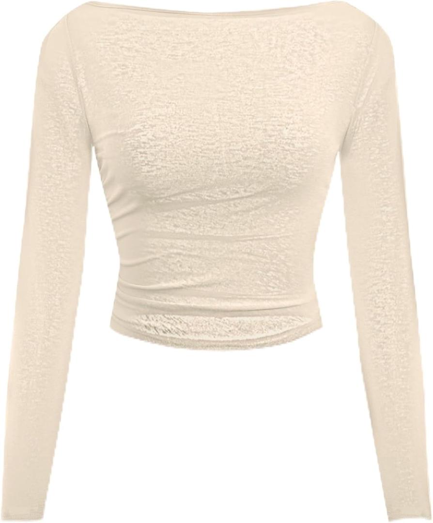 SOFIA'S CHOICE Boat Neck Long Sleeve Top Women Crop Tops Side Ruched Fitted T Shirts Beige Medium