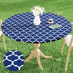 Smiry Round Picnic Tablecloth, Waterproof Elastic Fitted Table Covers for 18" - 24" Tables, Wipeable Flannel Backed Vinyl Tablecloths for Camping, Indoor, Outdoor, Navy & White (For Up To 18"-24" Round)
