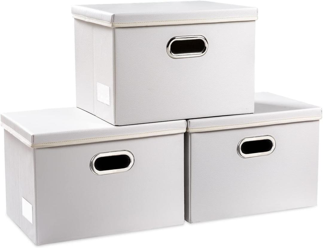 PRANDOM Collapsible Storage Bins with Lids [3-Pack] Leather Fabric Foldable Storage Boxes Organizer Containers Baskets Cube with Cover for Bedroom Closet Office Nursery White (14.9x10.8x10) (Medium(3-Pack), White)
