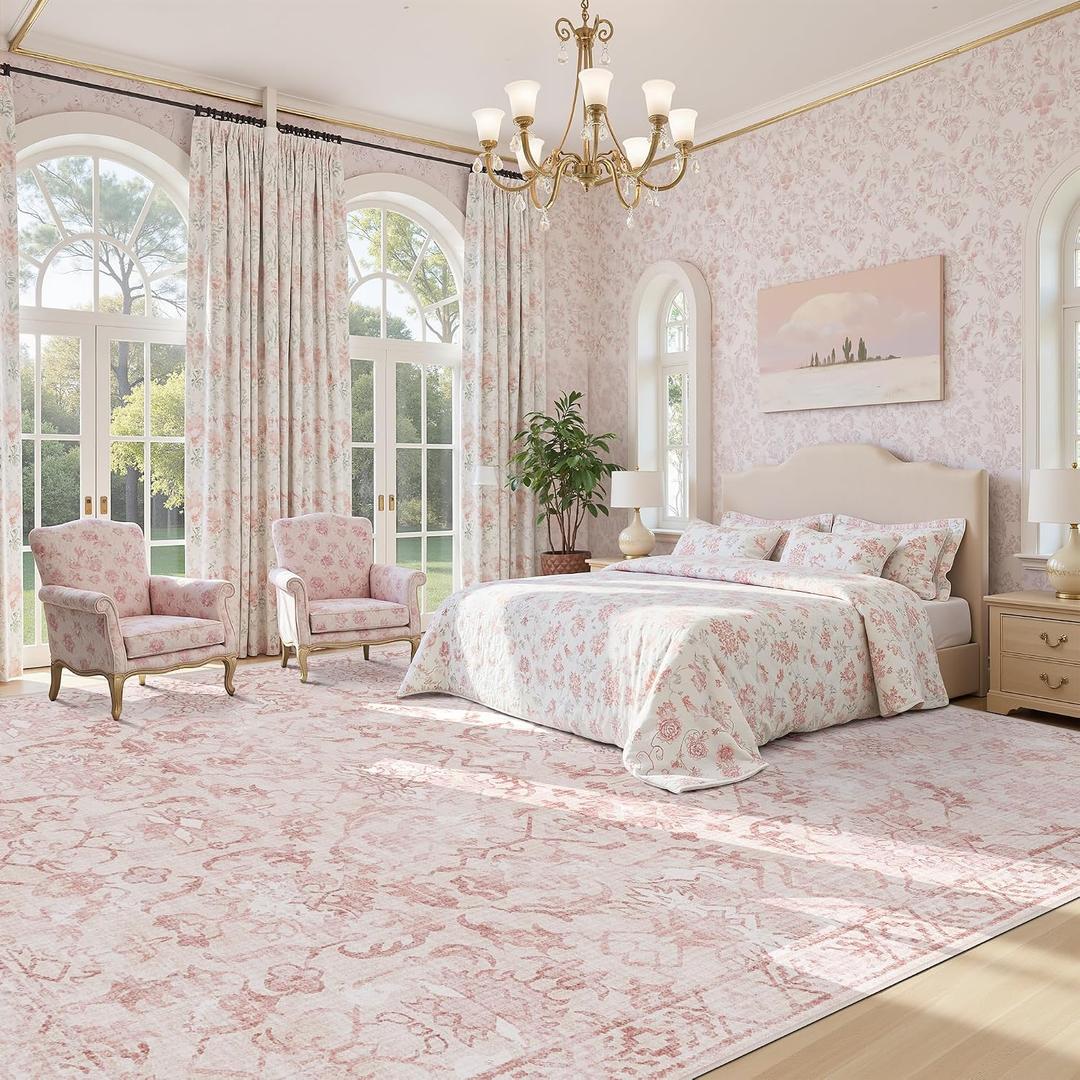 Deerly Pink Area Rugs 10x12 for Living Room Soft Non-Slip, Large Bedroom Rug Vintage Dining Room Rug Tribal Farmhouse Carpet for Dining Room Office 