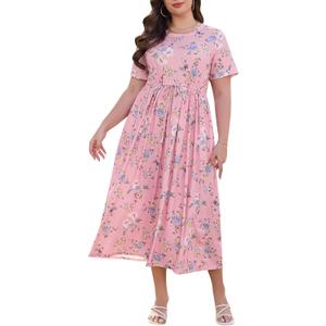 Keluummi Women's Plus Size V Neck 3/4 Sleeve Empire Waist A-Line Maxi Dress | Wrap Design, Surplice Neckline, Pockets, Side Split, Stretchable, Floral Print, For Spring Summer, For Wedding Guest Formal, 16+