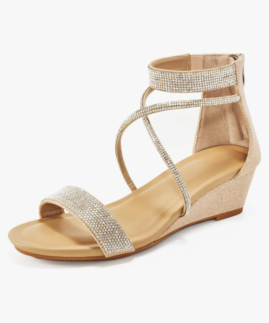 HARENCE Wedge Sandals for Women Dressy: Comfortble Ankle Strap Zipper Low Heels Shoes Fashion Sparkly Summer Sandals