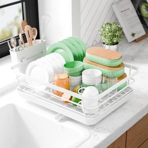 Kitsure Dish Drying Rack - Compact Dish Rack with Utensil Holder & Adjustable Water Outlet, Rust-Proof & Scratch-Resistant Drying Rack for Kitchen, 14.5" x 12.0" x 4.0", White