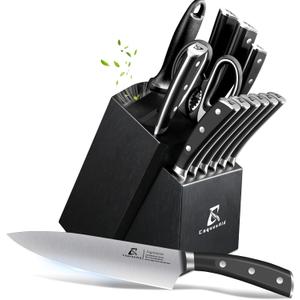 CoquusAid Knife Set, Upgrade 15 Pcs Knife Block Set with Widened Ventilated Slot, German Stainless Steel Kitchen Knives Set with Sharpener, Professional Chef Knives Set, Full Tang Ergonomic Handle