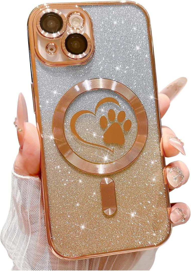 for iPhone 13 Case, Glitter Clear Cute Paw Love Heart, Compatible with MagSafe, Strong Magnetic Full Camera Lens Protection Cover, Soft Slim Bling Phone Case 6.1" - Gold