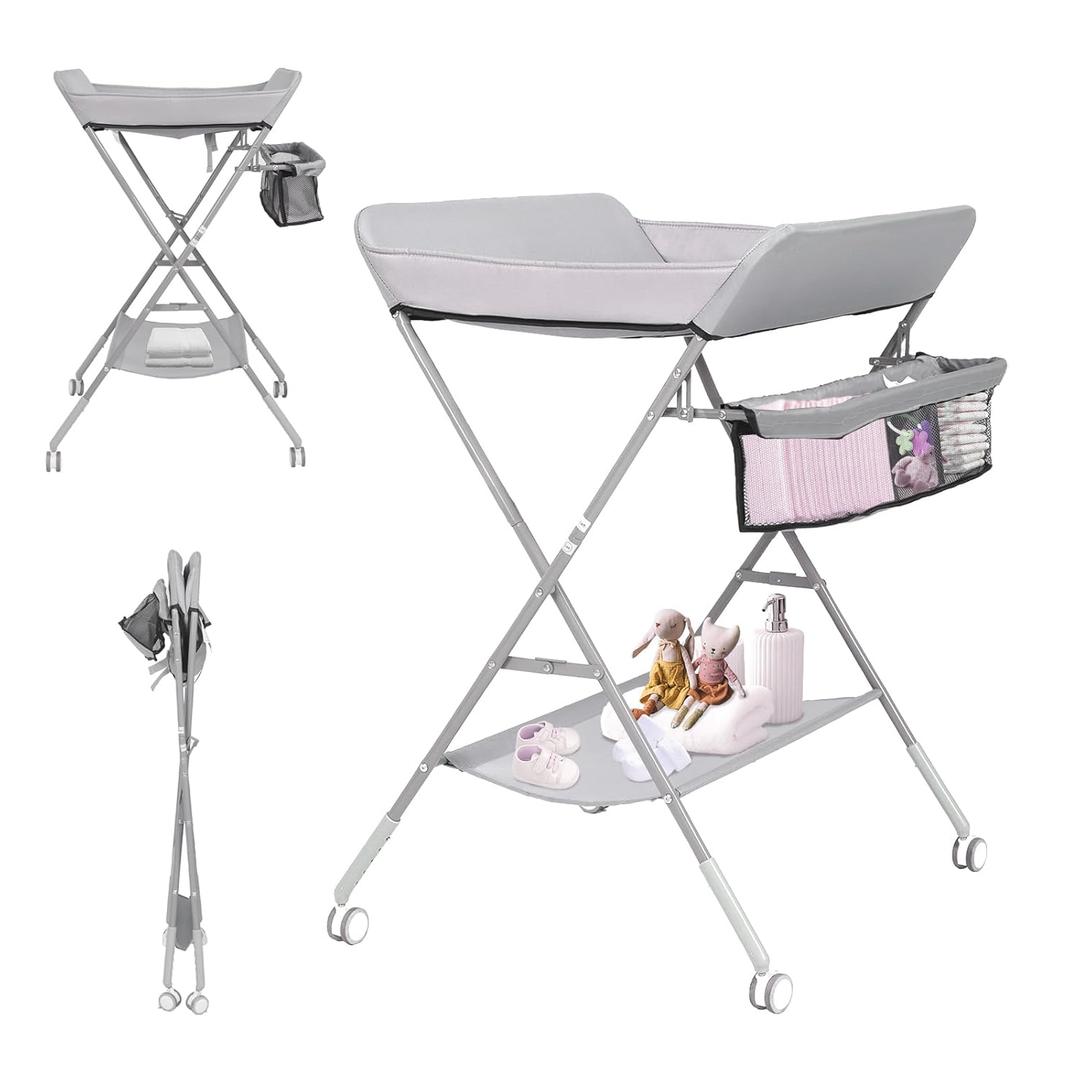 Portable Changing Table for Baby, GIGYES Foldable Baby Changing Station with Wheels & Adjustable Height, Large Storage Rack & Shelf, Ideal for Newborn and Infants