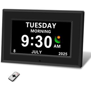Digital Alarm Clock for Seniors - No-Abbreviation Date HD Display Auto Dimming Photo Frame White Noise DST Adjustment, Ideal Gift for Elders (7inch Black)